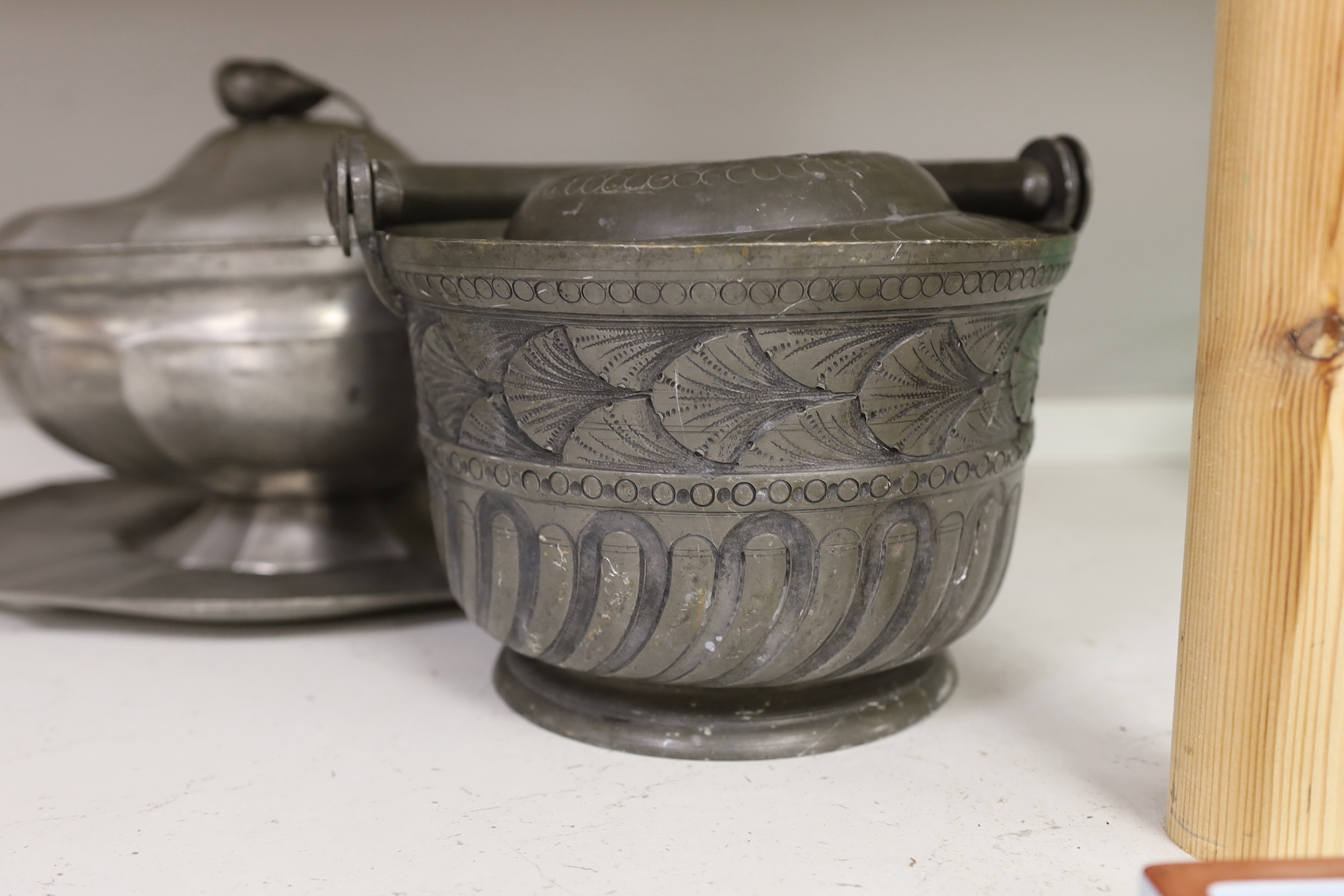 A Belgian? pewter ice bucket and a Kayserzinn tureen, cover and stand